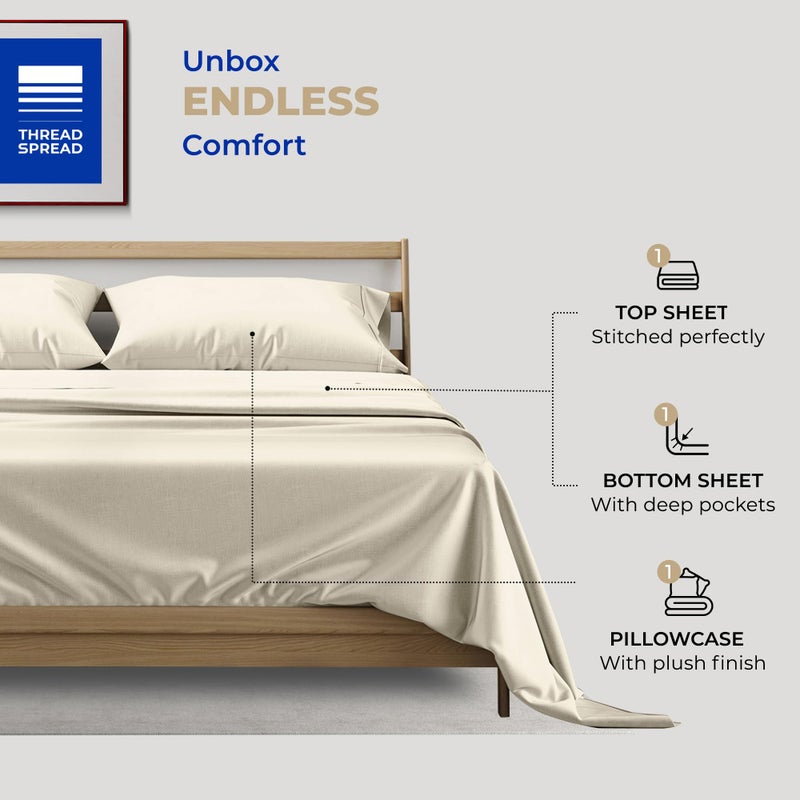 THREAD SPREAD 100% Cotton Twin Sheet Set - 400 Thread Count, 3 PC, Cooling & Luxury Sateen, 16" Deep Pocket, Breathable for Dorm Room (Ivory) - Image 3